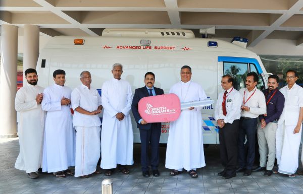 South Indian Bank donated an ambulance to St. Joseph&#039;s Hospital, Karuvanchal